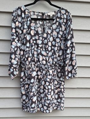 LOFT Black Shorts Jumpsuit with Pale Blue and Blush Spot Print Excellent